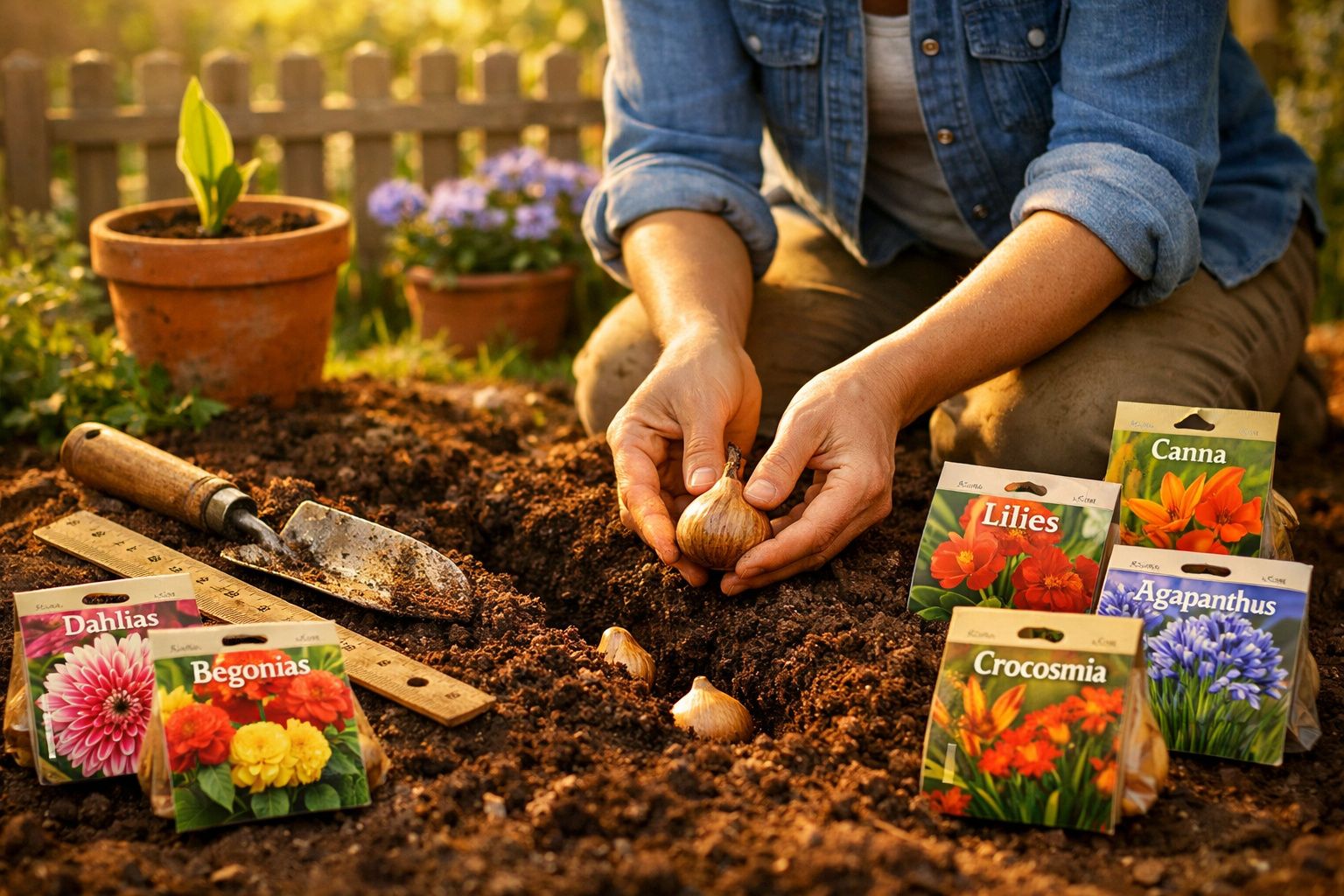 Pessoa a plantar bulbos em terra com pacotes de sementes de flores e ferramentas de jardim ao redor