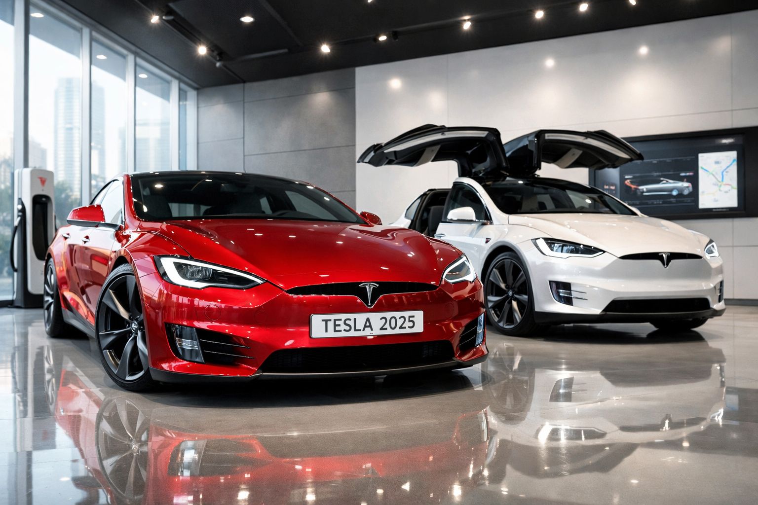 Dois carros Tesla em exposição, um vermelho e um branco com portas abertas no teto, num showroom moderno.