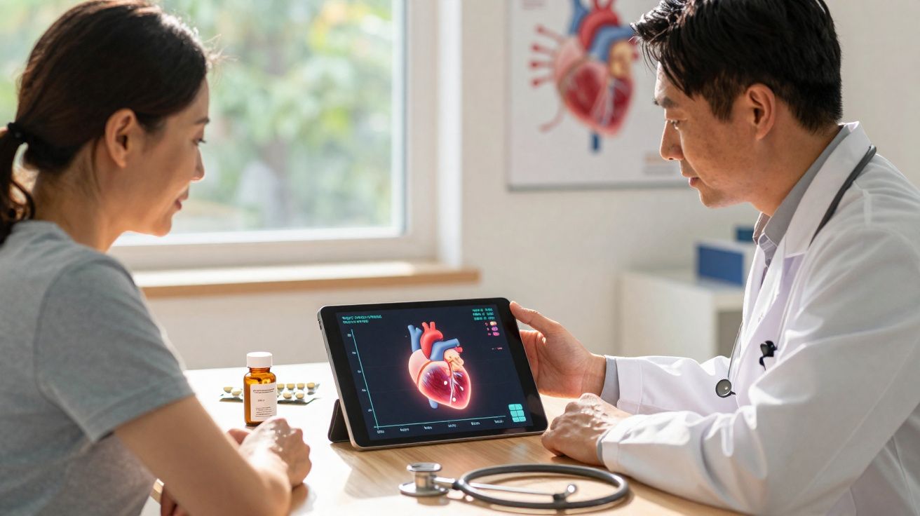 Médico explicando o funcionamento do coração a paciente com recurso a um tablet numa consulta.