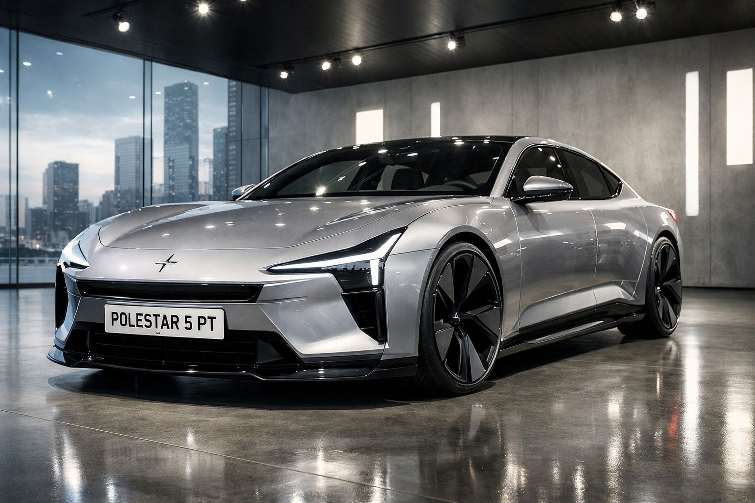 Carro elétrico Polestar 5 prata estacionado em espaço interior moderno com janelas grandes.