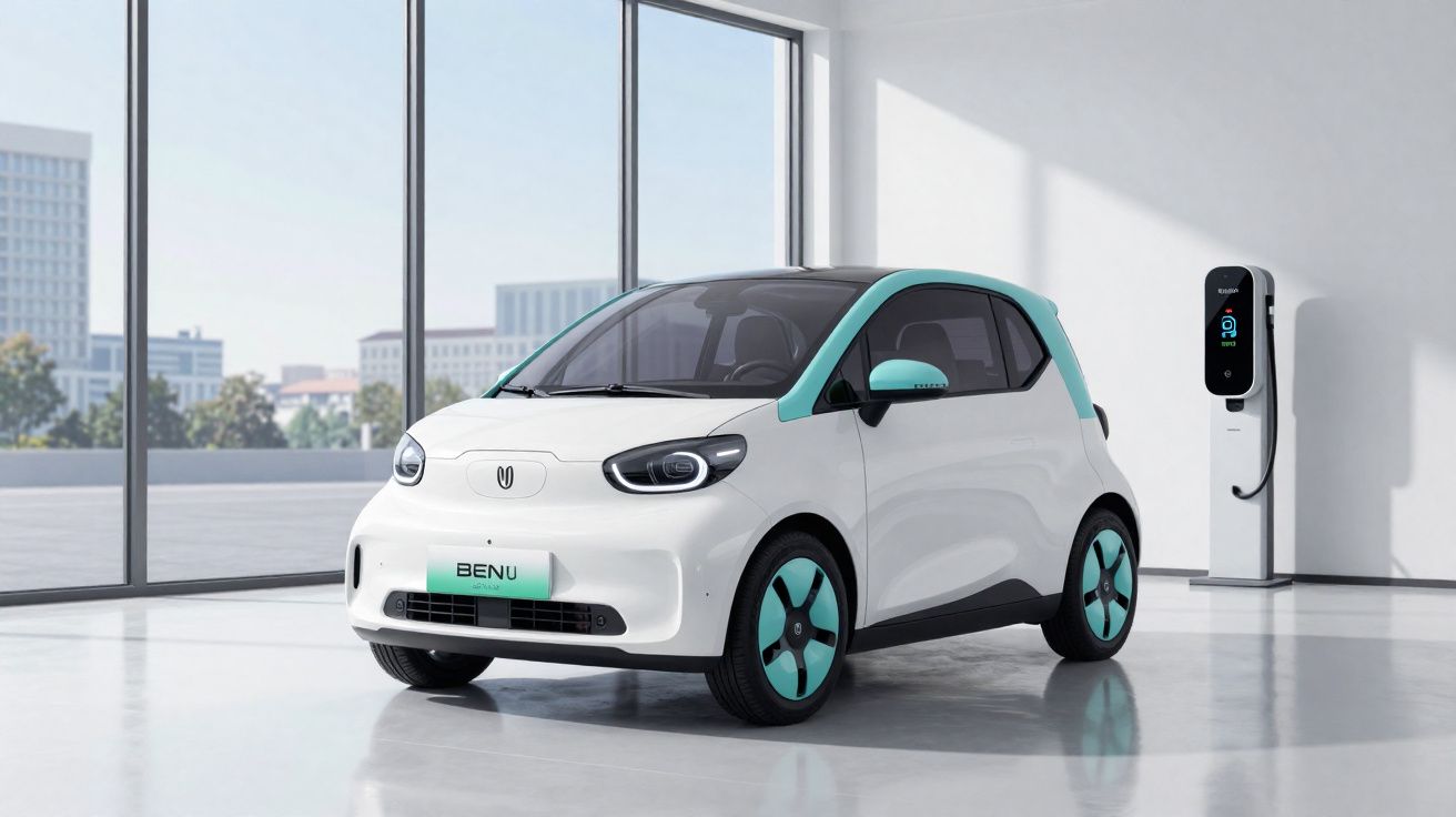 Carro elétrico compacto branco com detalhes verdes a carregar numa estação dentro de um espaço moderno.