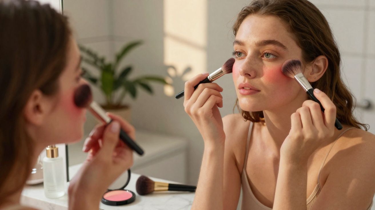 Mulher a aplicar blush nas bochechas com pincel em frente a um espelho numa casa de banho.