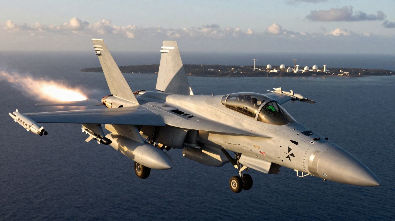 Caça militar cinzento a disparar míssil sobre o mar perto de uma ilha com instalações radar.