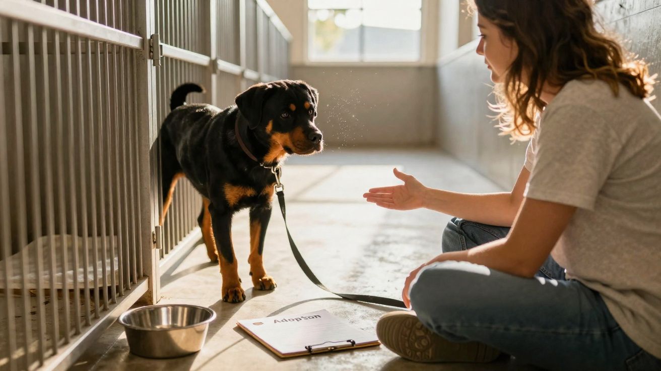 Mulher sentada a treinar um cão Rottweiler numa área com canis e um dossiê de adoção no chão.