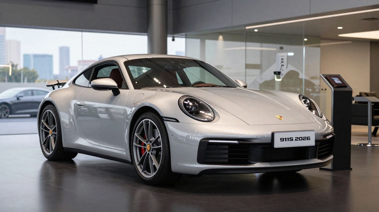 Carro desportivo Porsche 911 prata modelo 2026 numa exposição moderna com janelas grandes.