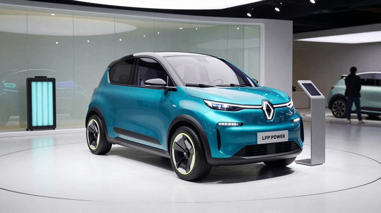 Carro elétrico urbano Renault LFP Power azul exibido numa feira automóvel moderna.