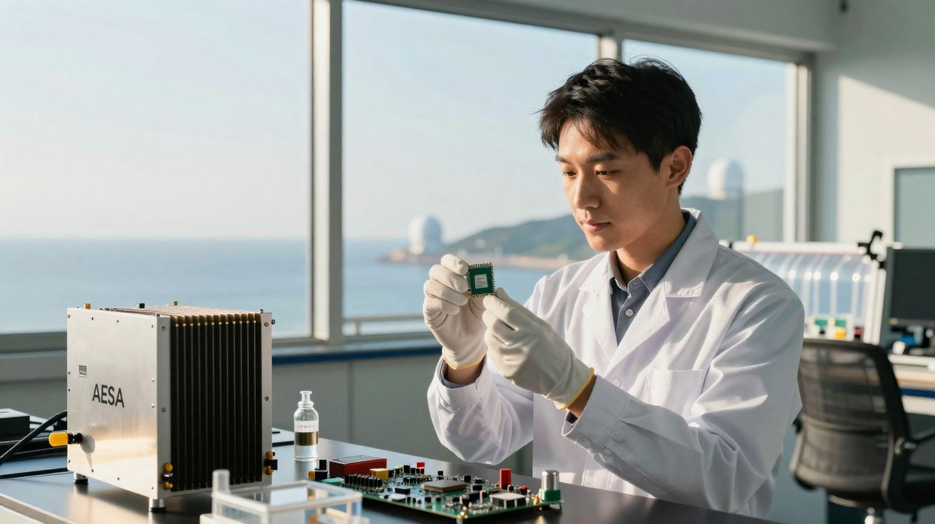 Cientista asiático em laboratório a examinar um componente eletrónico com equipamento tecnológico à volta.