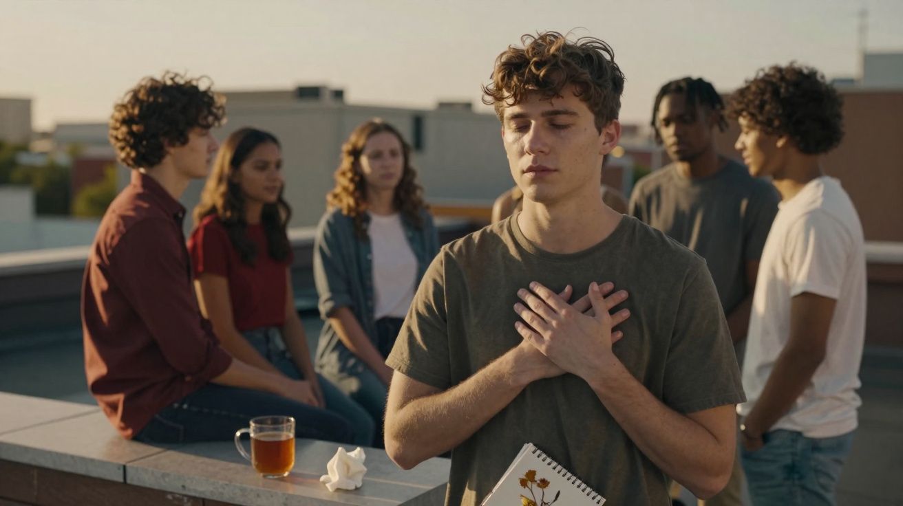 Grupo de jovens numa esplanada, um rapaz de olhos fechados com as mãos no peito e caderno nas mãos.