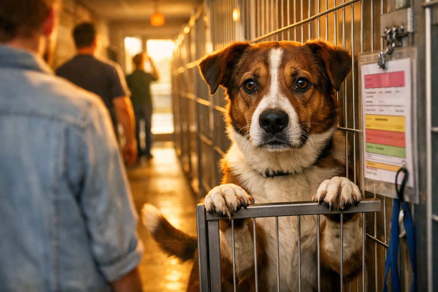 Cão castanho com branco numa cela de abrigo, olhando diretamente para a câmara com pessoas ao fundo.