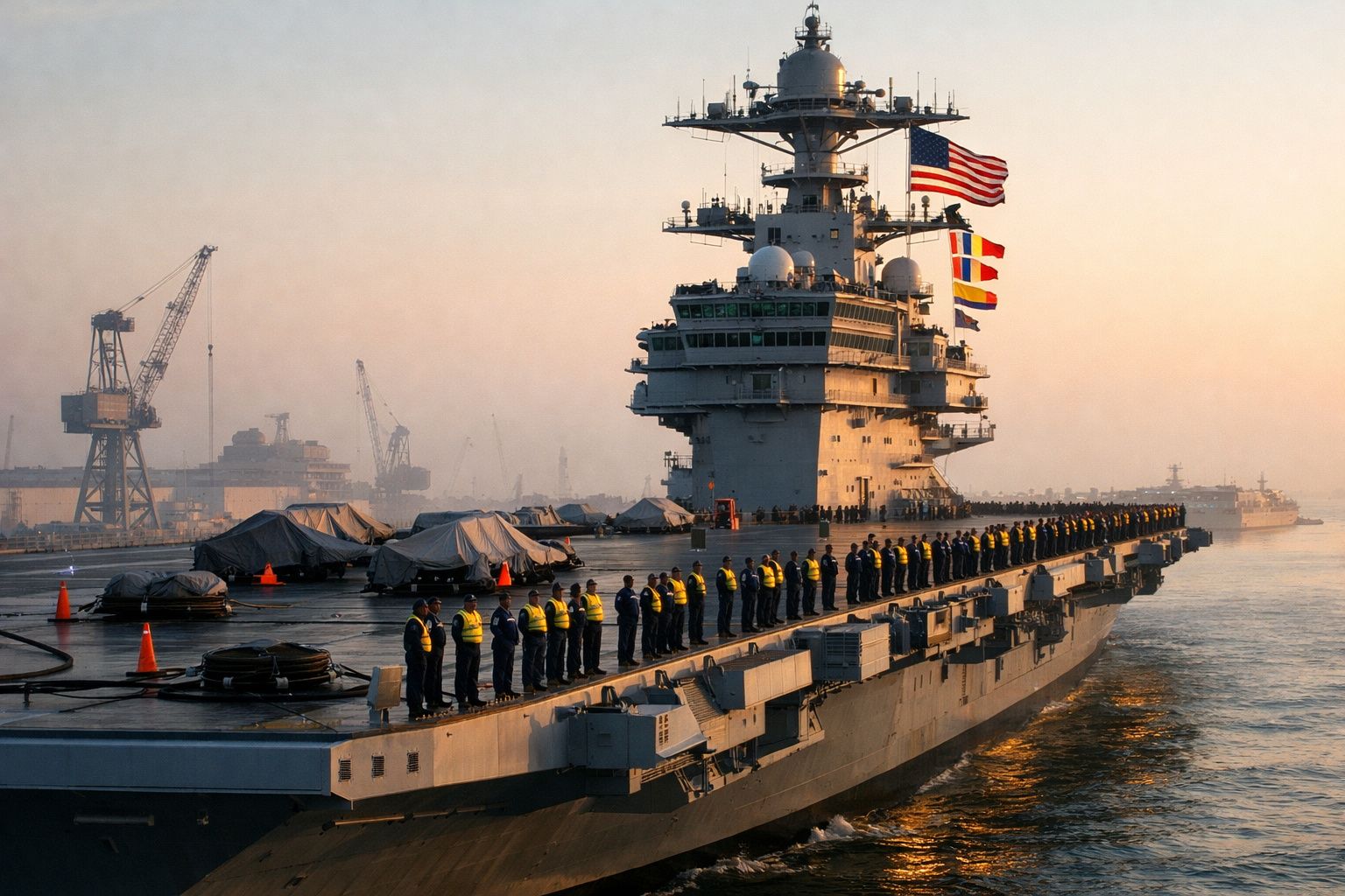Marinheiros alinhados no convés de um porta-aviões ancorado ao amanhecer num porto industrial.