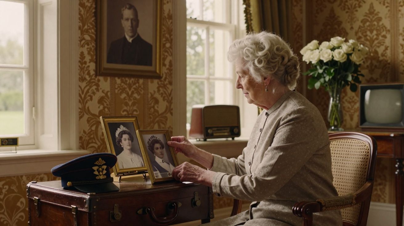 Idosa sentada a olhar fotografias antigas numa sala decorada com móveis vintage e flores brancas.