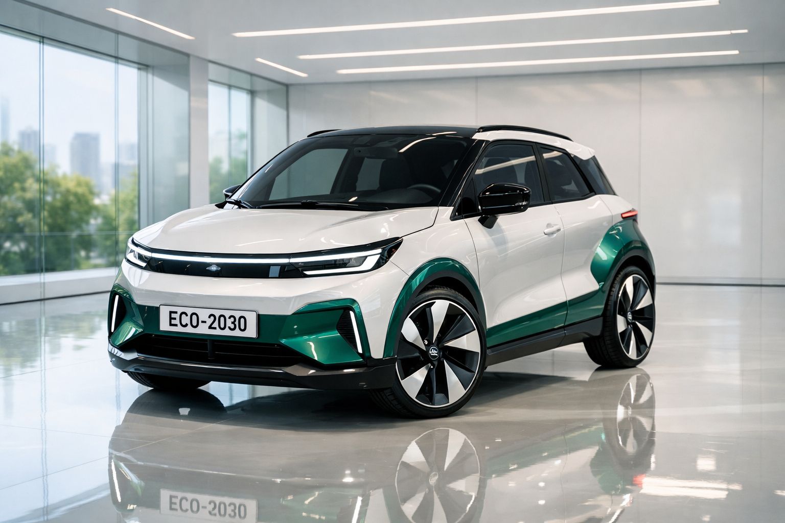 Carro elétrico compacto branco e verde num showroom moderno com jantes desportivas e teto preto.