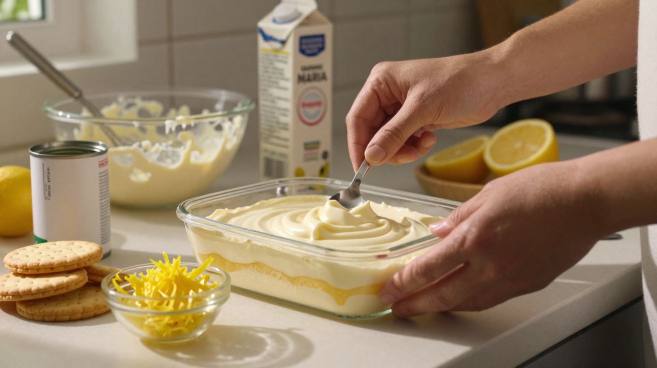 Mãos a preparar uma sobremesa cremosa numa taça de vidro, com limão, bolachas e natas à volta.