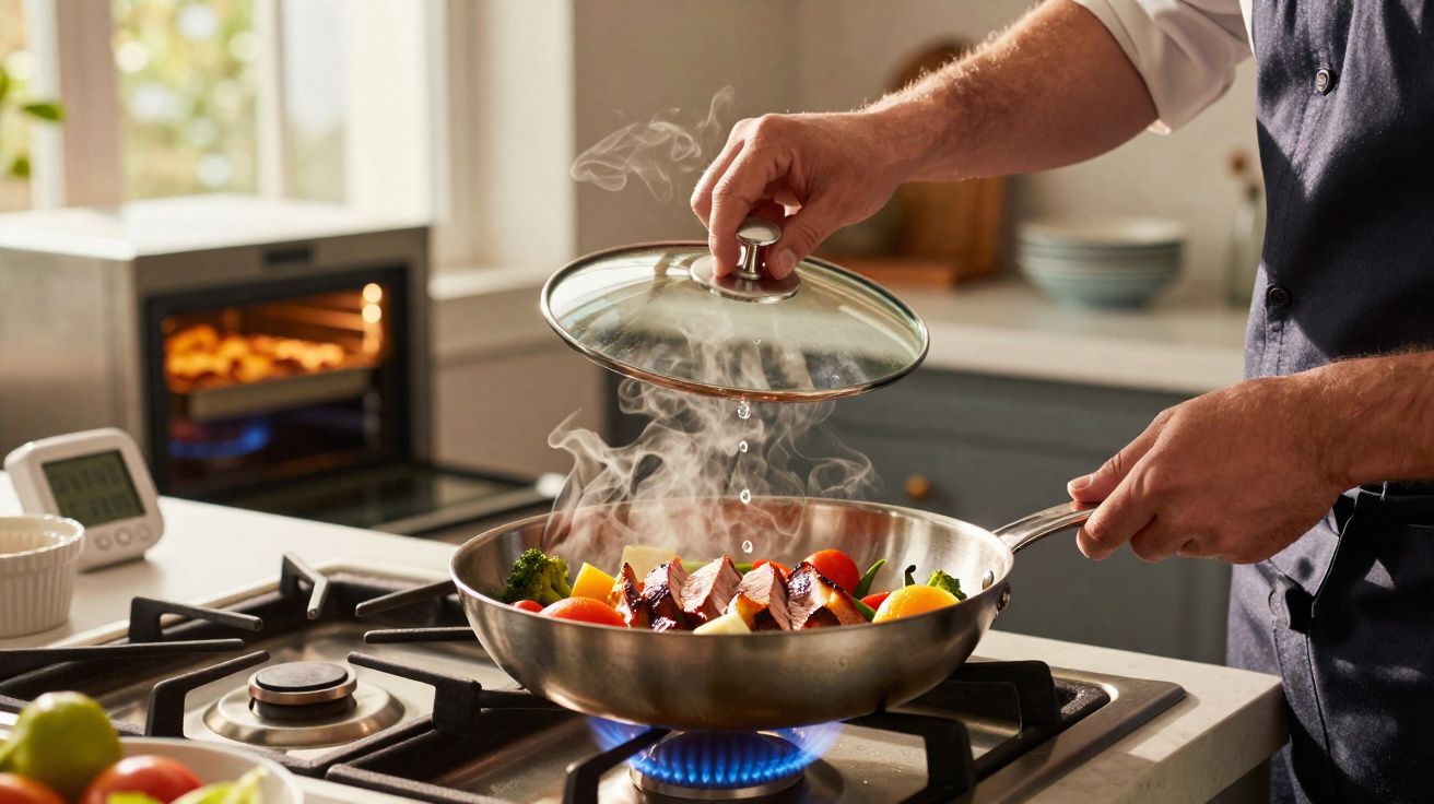 Mão a retirar tampa de frigideira com legumes coloridos a cozinhar em fogão a gás.