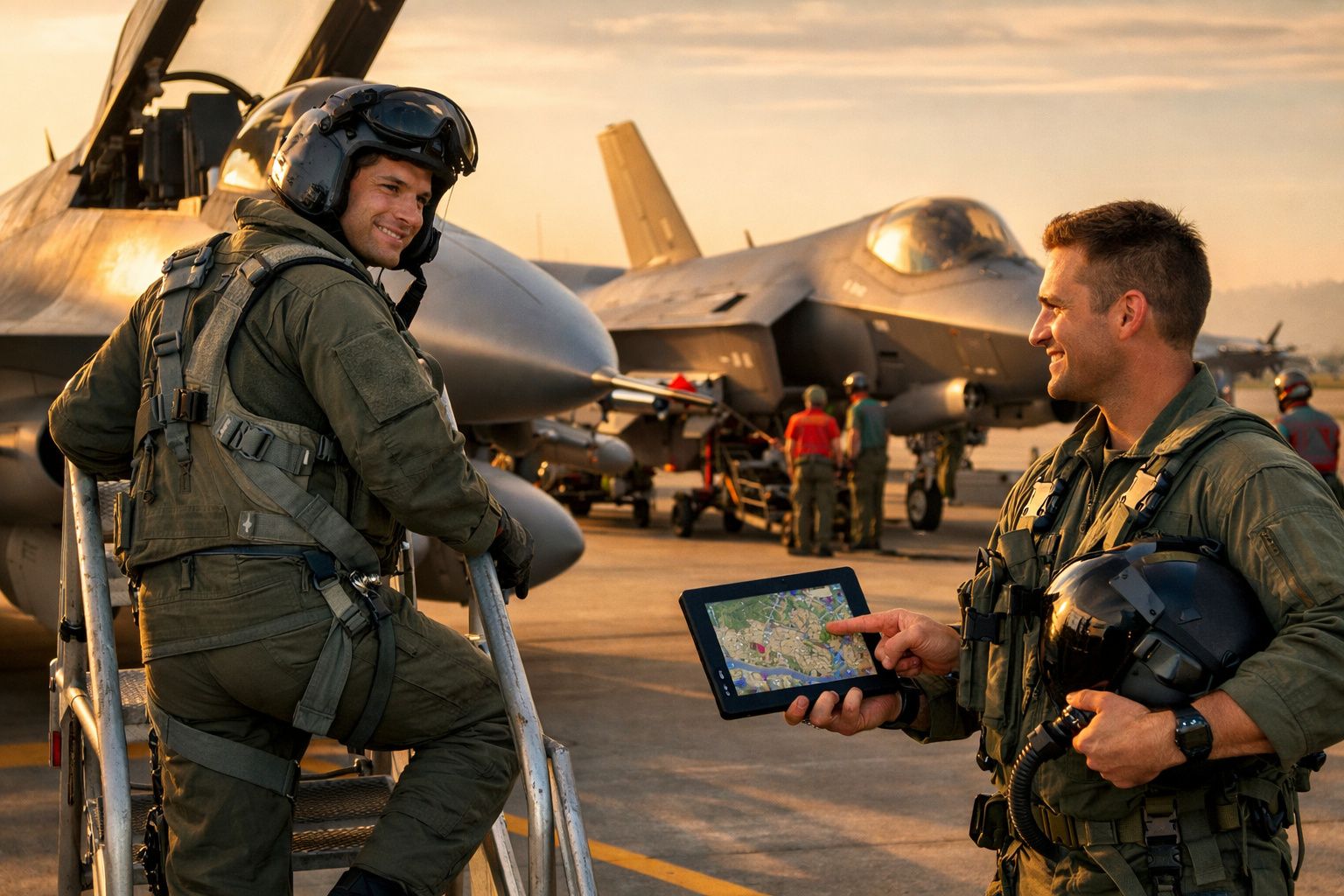 Dois pilotos militares em fato de voo junto a jatos de combate no aeroporto durante o pôr do sol.