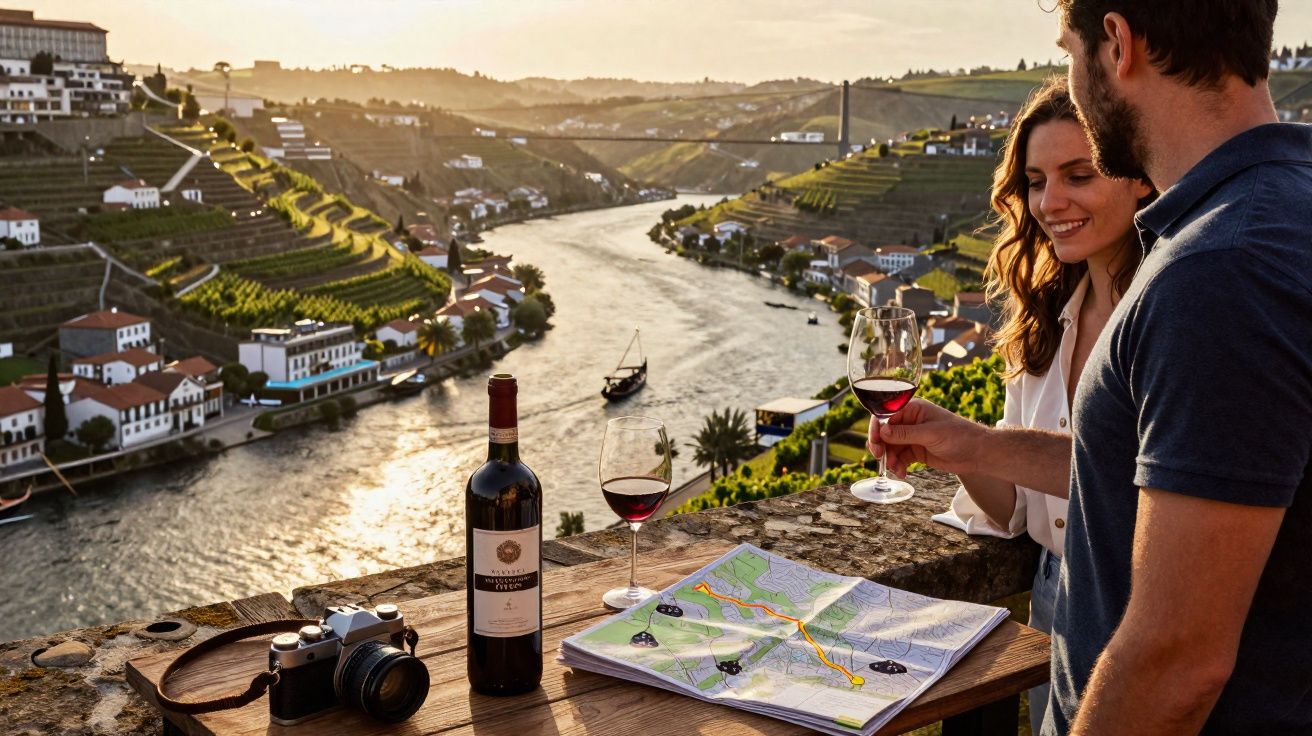 Casal bebendo vinho tinto junto a mapa, garrafa e câmara, com vista para o rio e vinhas ao pôr do sol.