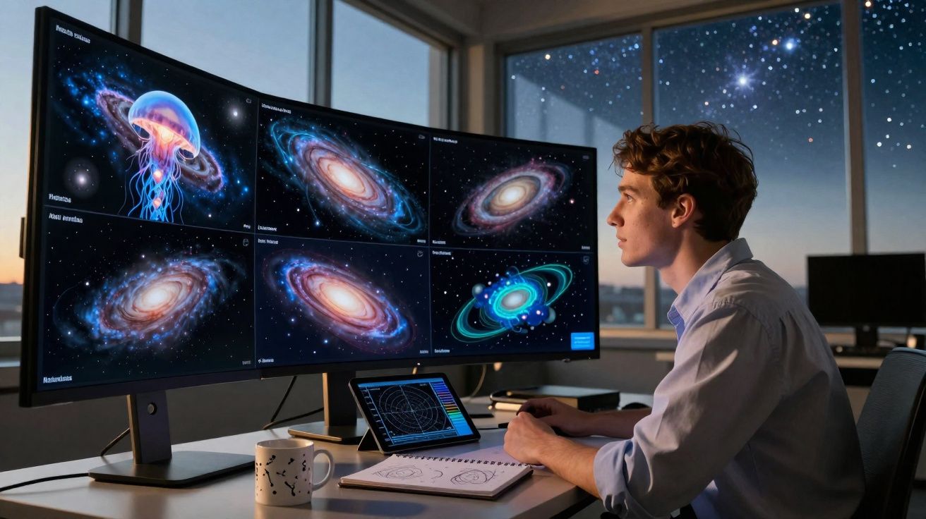 Homem a analisar imagens de galáxias e um planeta numa mesa com dois ecrãs no escritório.