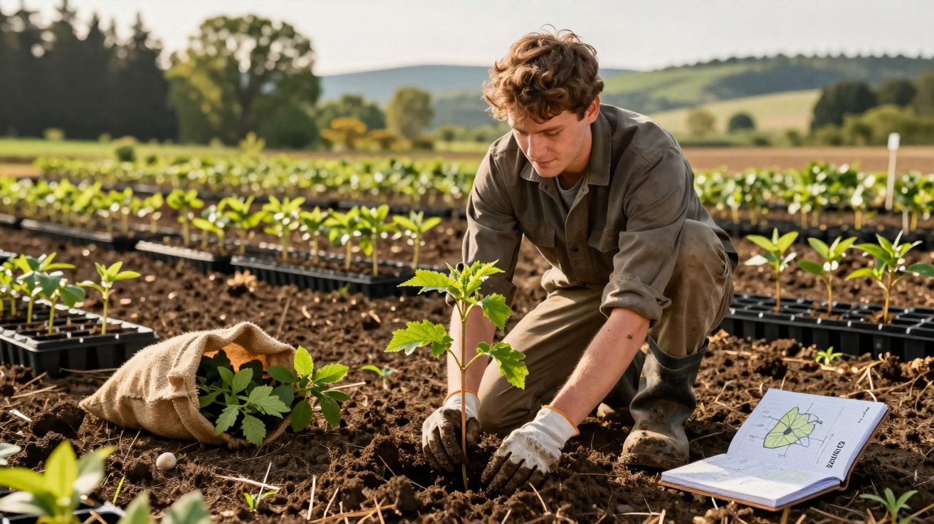 Jovem a plantar uma muda numa horta com várias plantas e um caderno aberto com notas e desenhos.