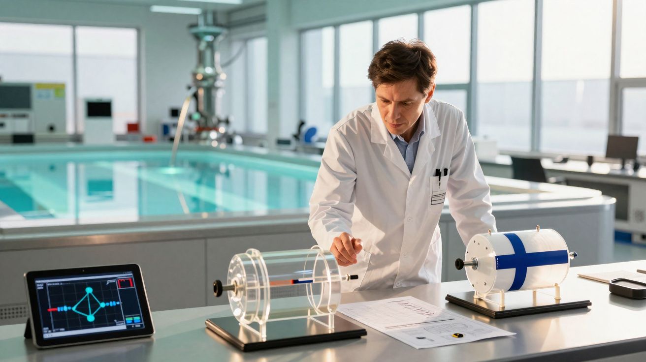 Cientista em bata branca examina protótipos tecnológicos numa bancada de laboratório moderno e iluminado.