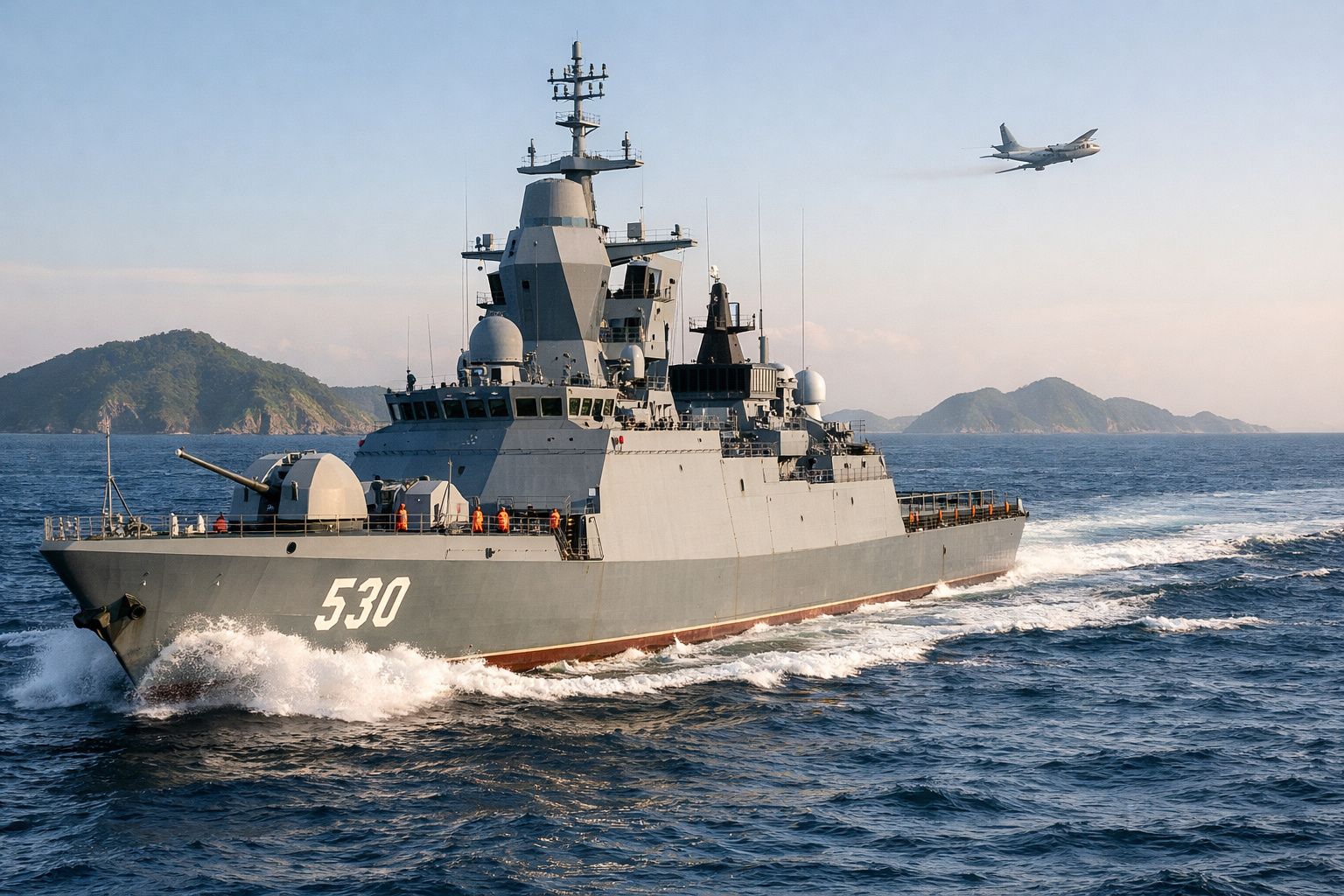 Fragata militar cinzenta número 530 navegando no mar com avião a sobrevoar ao fundo e ilhas distantes.