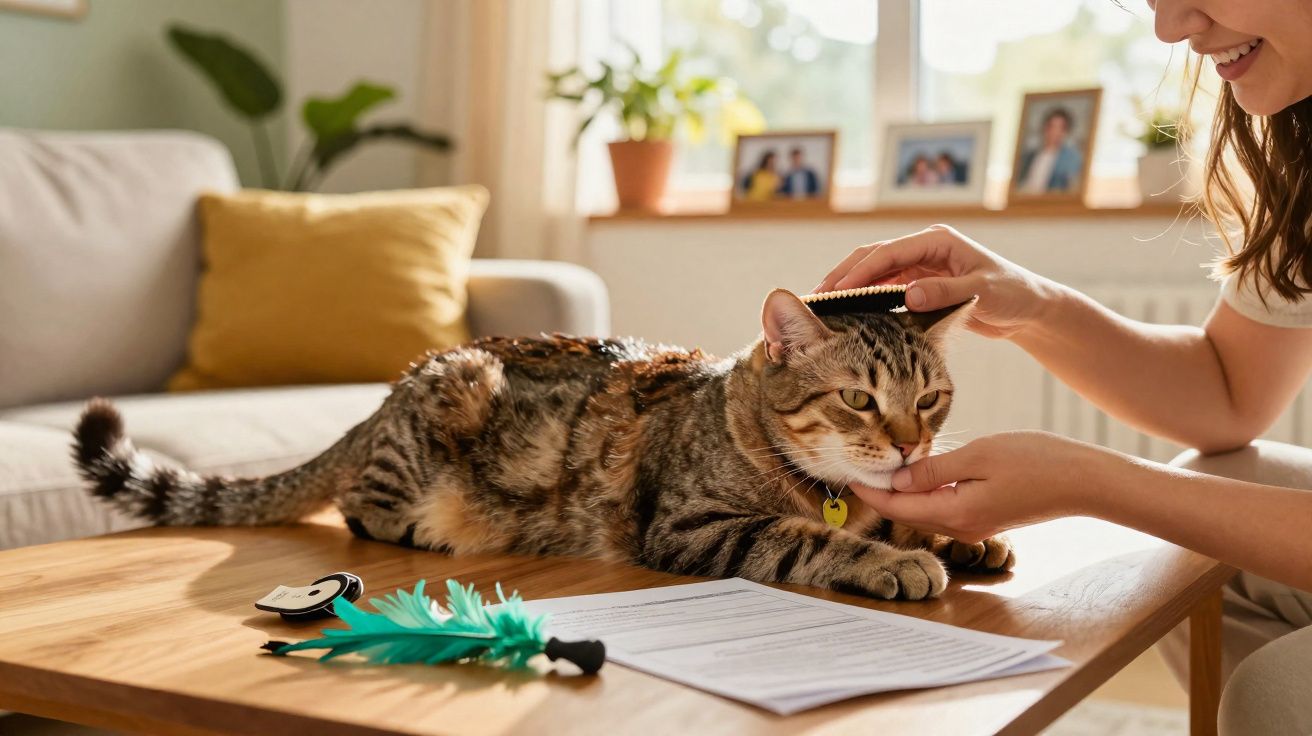 Mulher a pentear gato castanho às riscas num sofá com almofada amarela numa sala iluminada.