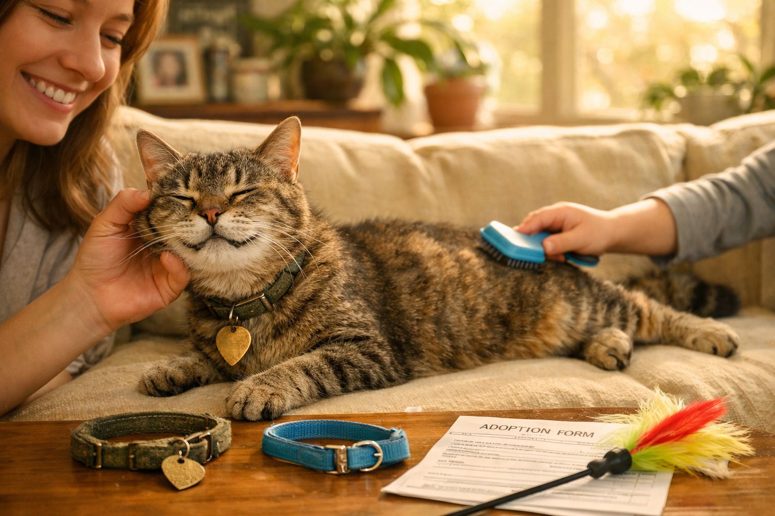 Gato contente a ser acariciado e escovado numa sala com colares e formulário de adoção sobre a mesa.