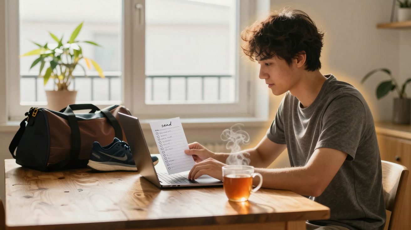 Jovem sentado numa mesa em casa com computador, verificando lista de tarefas e chá quente à frente.