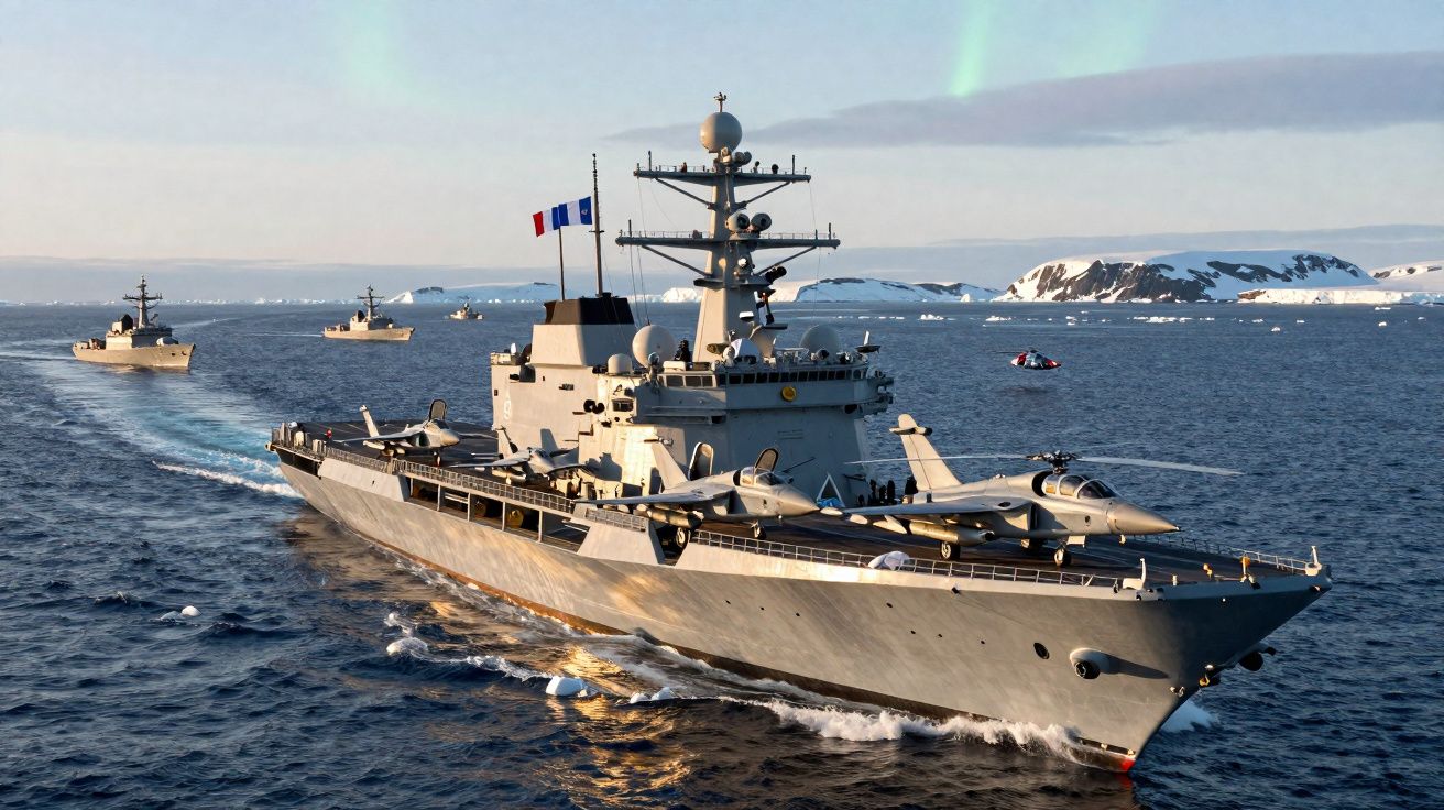 Porta-aviões francês acompanhado por navios militares navegando em mar gelado com icebergues ao fundo.