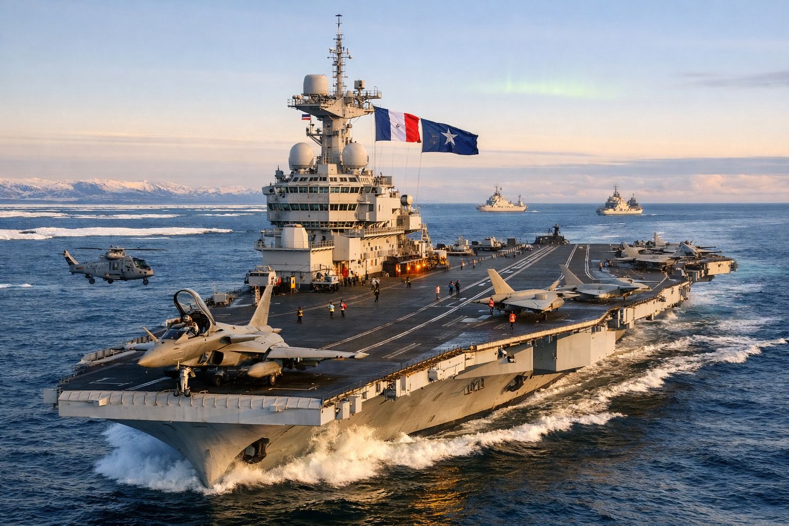 Porta-aviões na água com jatos militares e um helicóptero a voar próximo, bandeiras dos EUA e Texas visíveis.