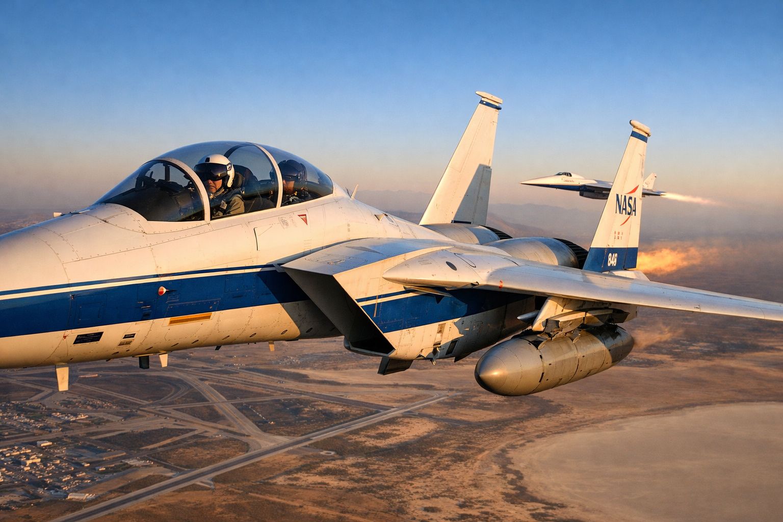 Avião de pesquisa da NASA com piloto no cockpit a sobrevoar paisagem desértica ao pôr do sol.