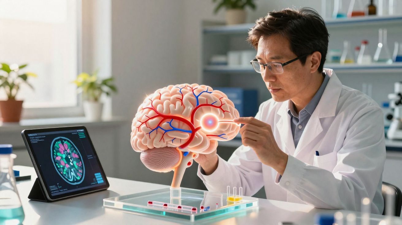 Cientista em laboratório analisa modelo anatómico do cérebro humano com ênfase nas veias e artérias.