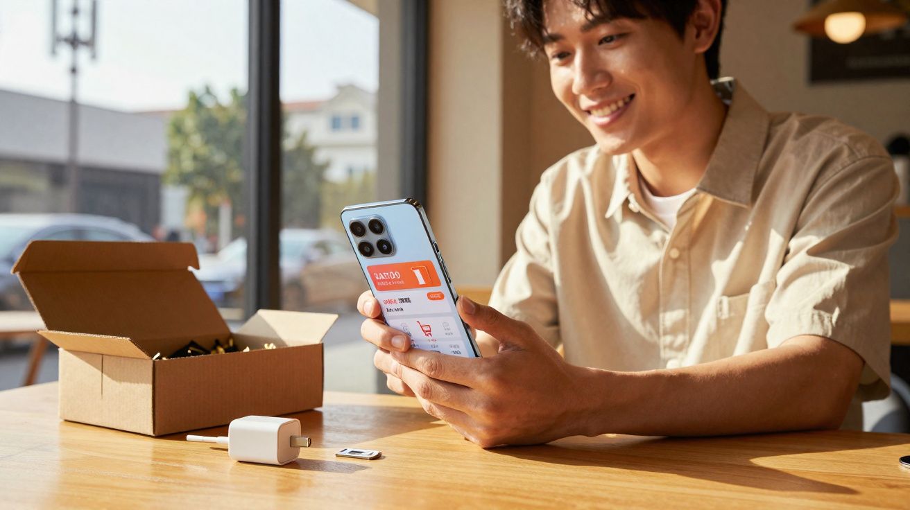 Jovem sentado à mesa, sorrindo e a usar smartphone enquanto desembrulha um carregador novo.