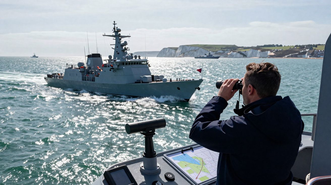 Homem a observar com binóculos um navio militar perto da costa com falésias ao fundo.