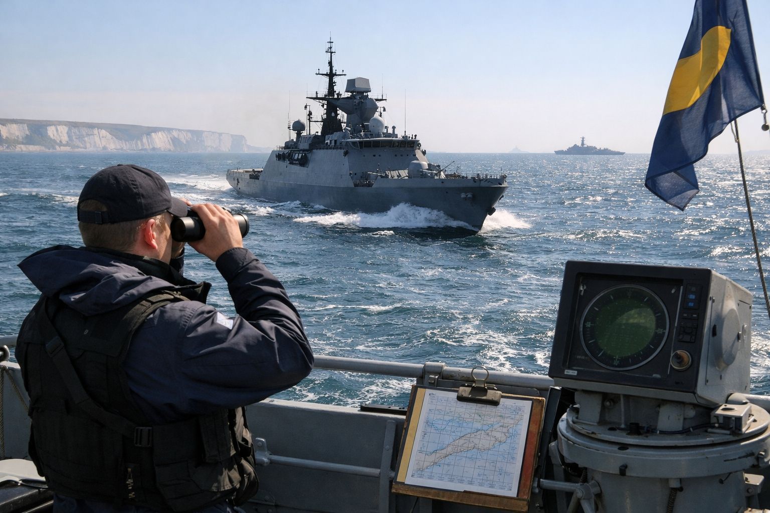 Homem a observar navios militares no mar com binóculos, radar e bandeira visíveis no convés.