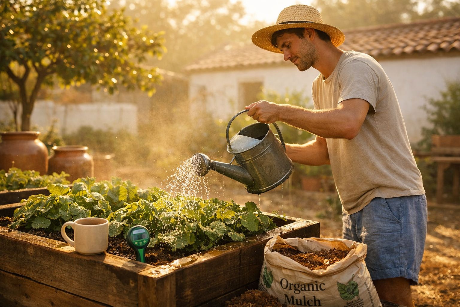 Homem a regar plantas numa horta elevada ao amanhecer com luz dourada e ambiente rural atrás.