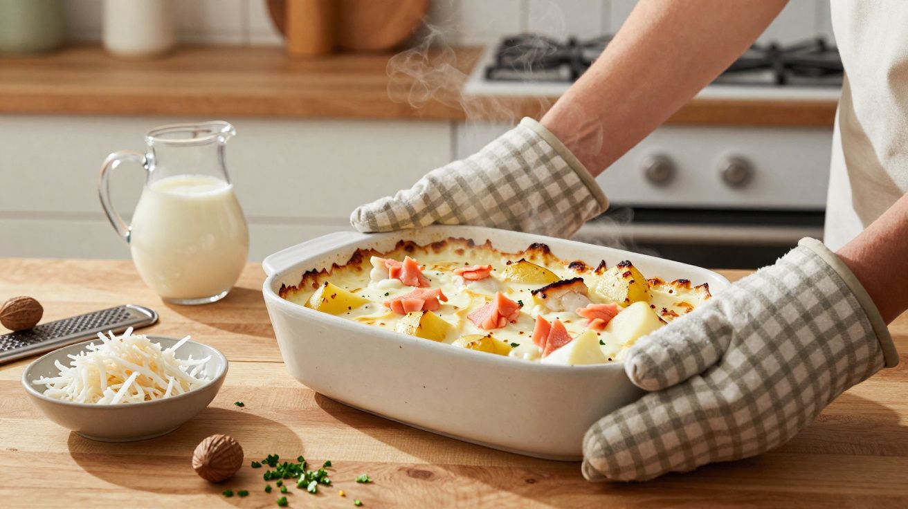 Pessoa a retirar do forno prato de gratinado com batatas, queijo e pedaços de salmão, com vapor a subir.