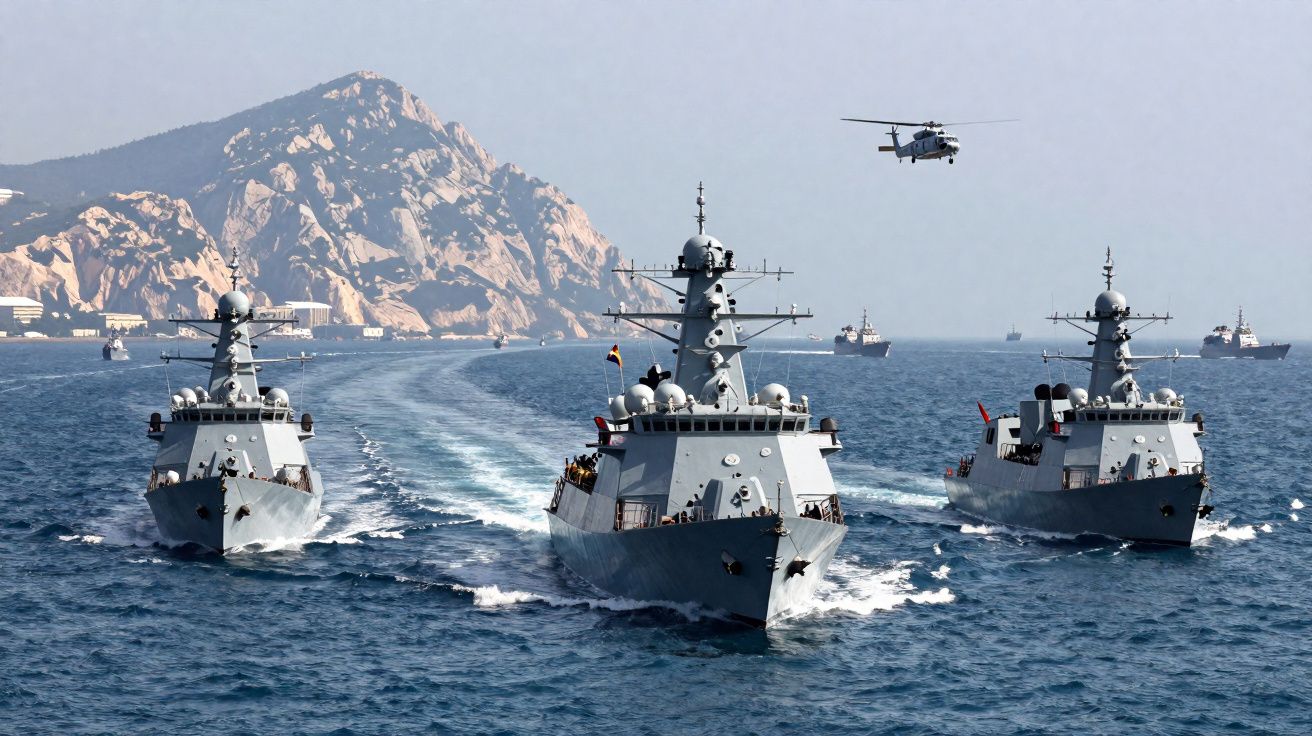 Três navios de guerra em mar aberto com helicóptero a sobrevoar e montanhas ao fundo.