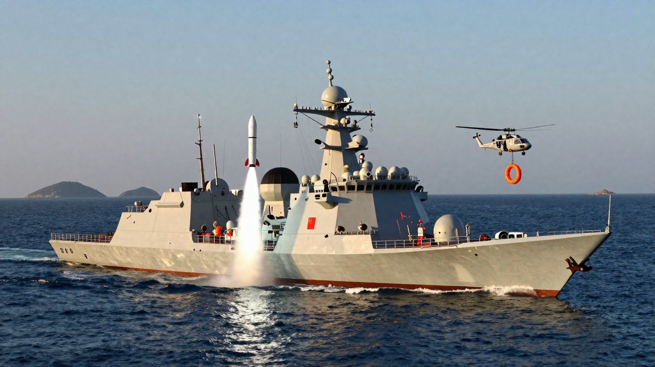 Navio militar lança um míssil enquanto um helicóptero sobrevoa com um anel de salva-vidas no mar.