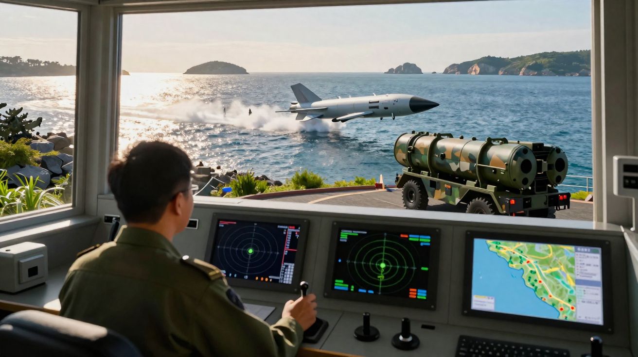 Militar observa lançador de míssil e míssil voando sobre a água ao largo da costa, visto de dentro de um posto de controlo.
