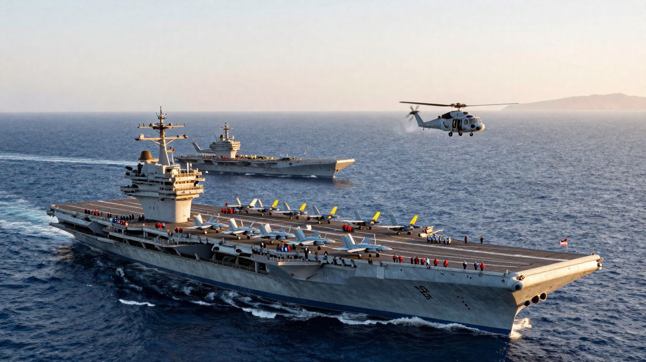 Porta-aviões militar em alto mar com aviões no convés e helicóptero a sobrevoar, acompanhado por outro navio.