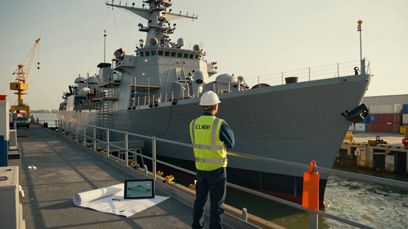 Homem de colete refletor observa grande navio militar atracado num cais industrial ao pôr do sol.