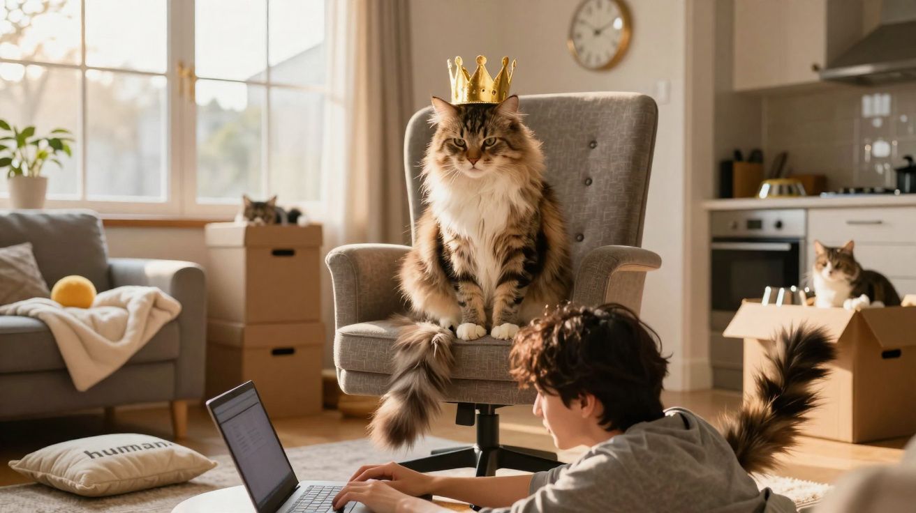 Gato com coroa sentado numa cadeira enquanto pessoa trabalha num computador portátil numa sala iluminada.