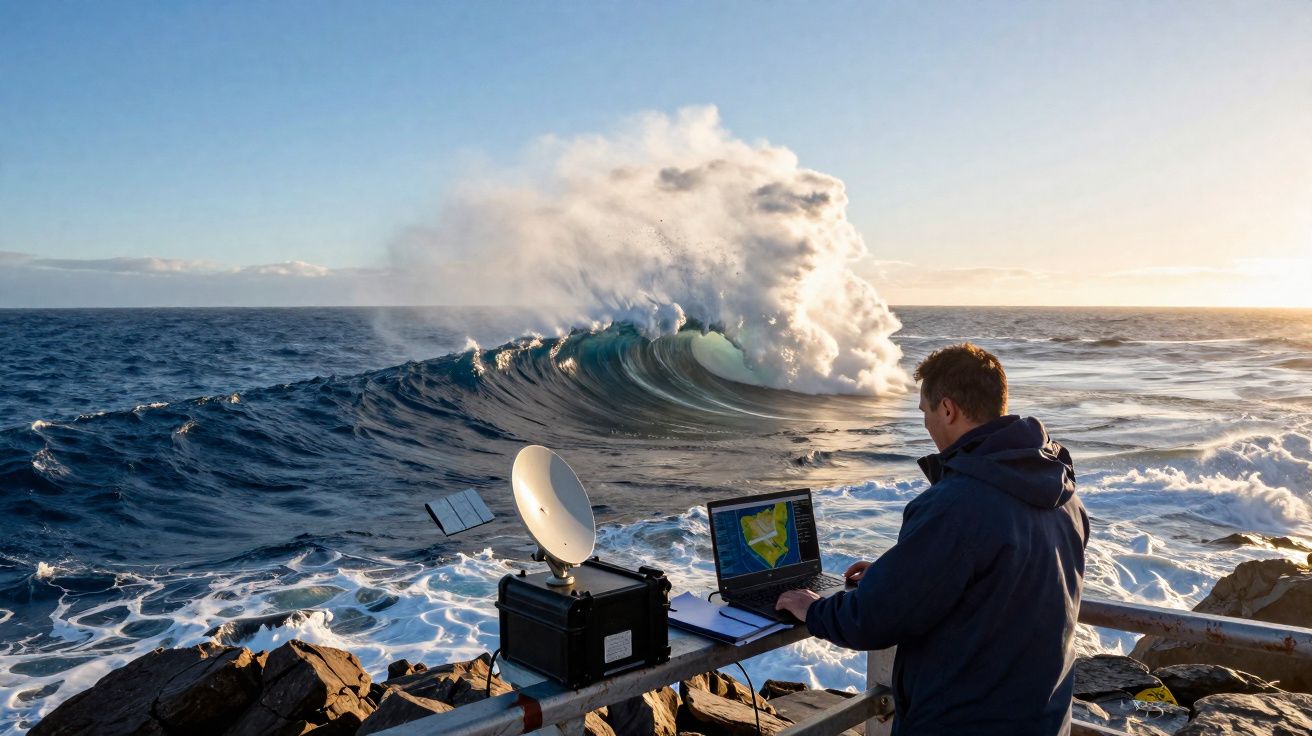 Homem com computador e equipamento perto do mar, monitoriza ondas gigantes numa costa rochosa ao pôr do sol.