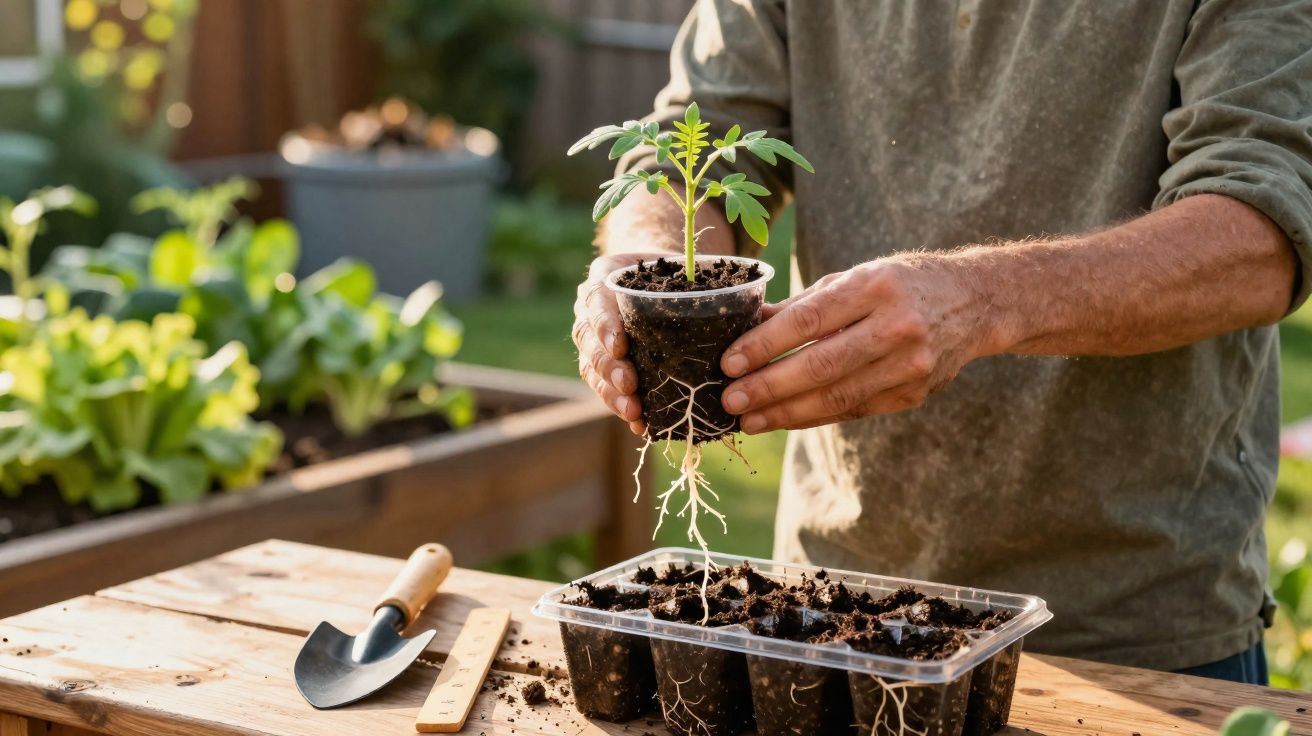 Pessoa a transplantar planta jovem com raízes visíveis para terreno em jardim ao ar livre.
