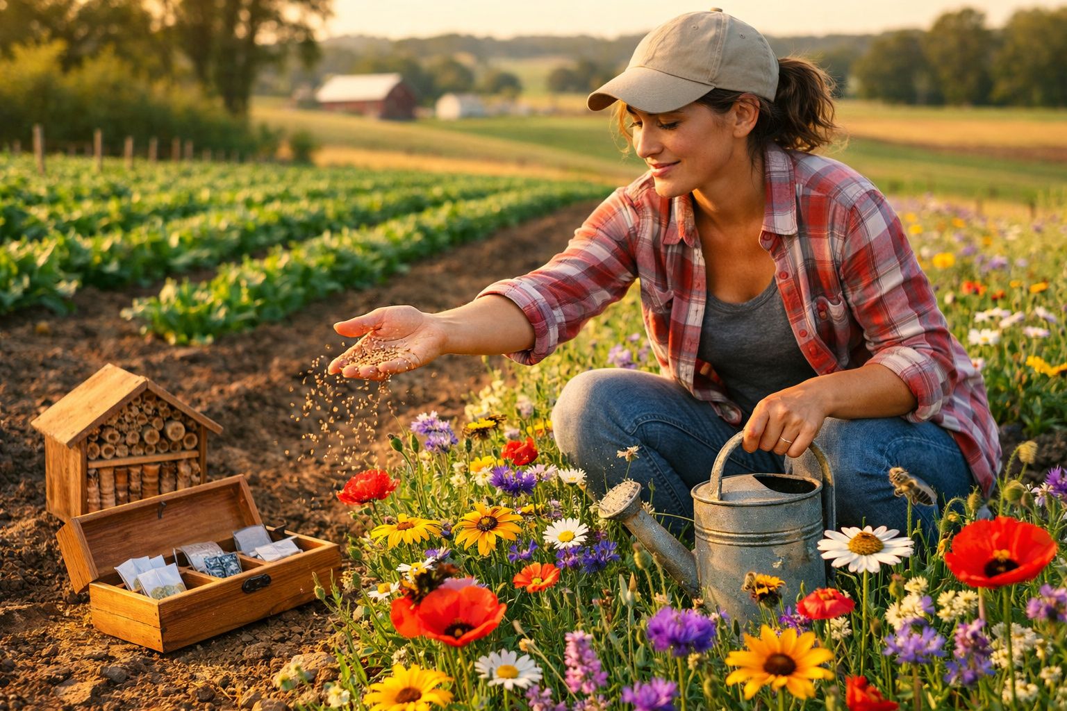 Mulher a semear flores num jardim colorido, com regador e caixa de sementes ao lado.