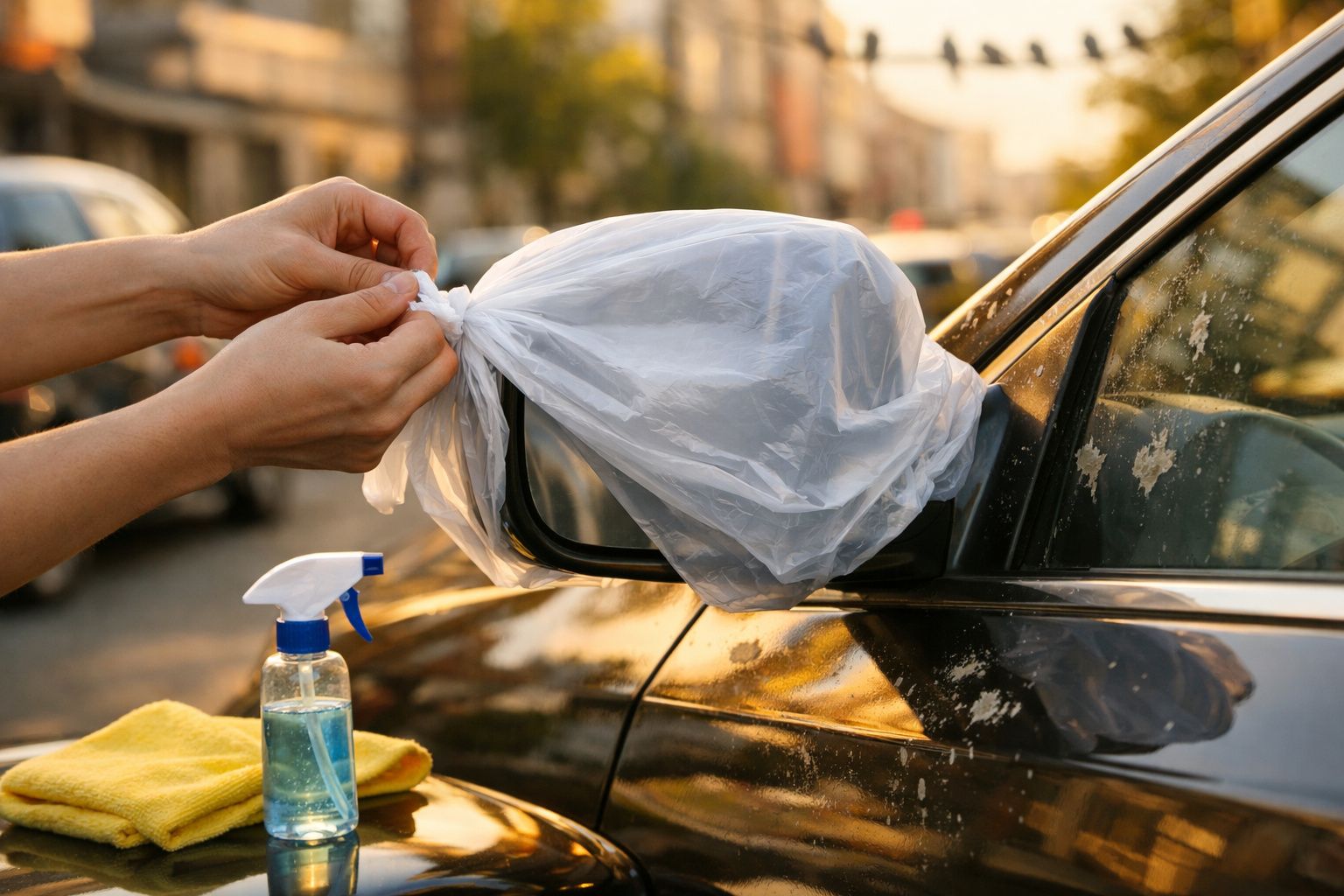 Pessoa a proteger espelho retrovisor lateral de carro com saco plástico branco num bairro residencial.