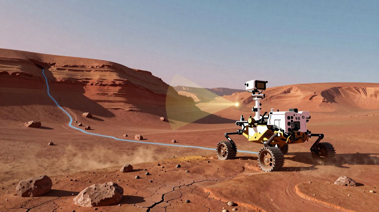 Rover exploratório a circular por terreno árido e rochoso em paisagem marciana.