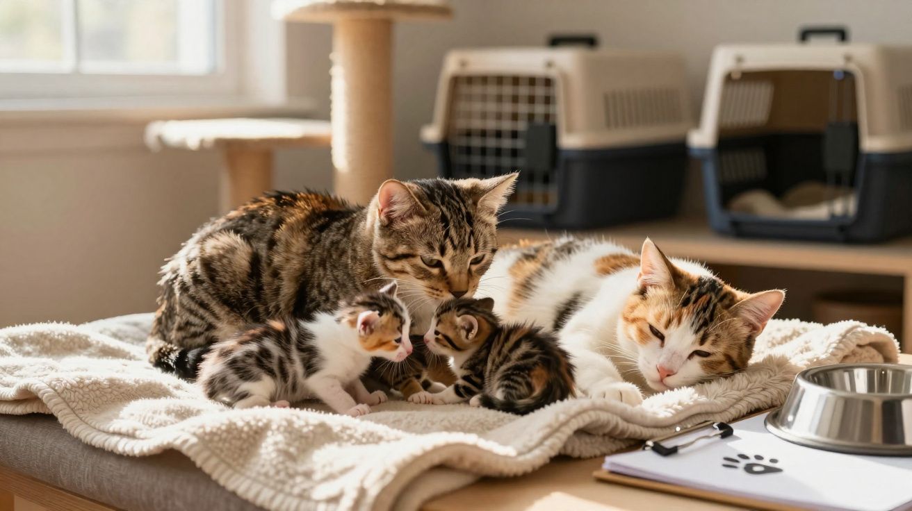 Gatos adultos e dois gatinhos juntos numa manta, com coleiras e transportadoras ao fundo, num espaço iluminado.