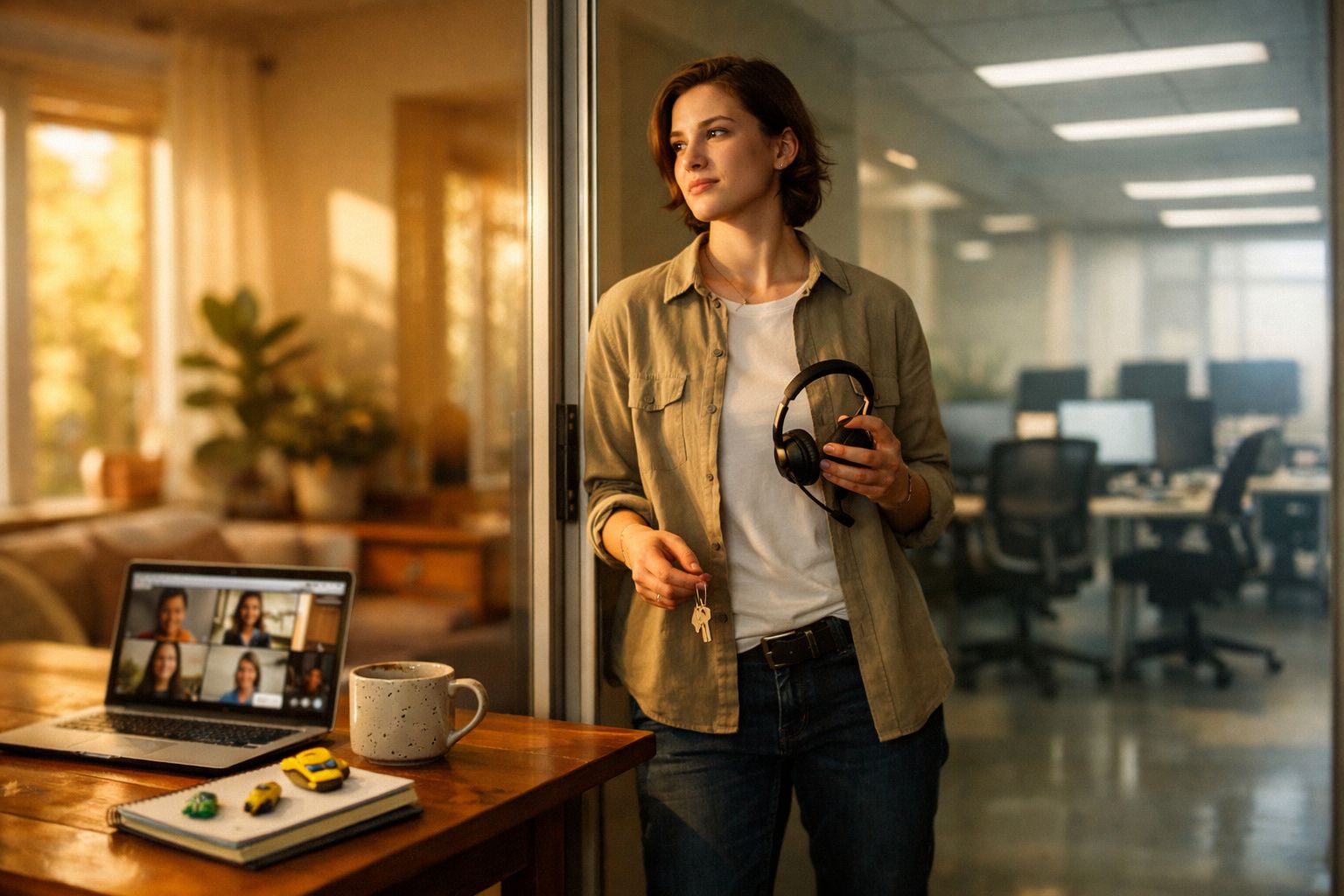 Mulher em escritório com auscultadores na mão, próxima de computador com vídeo chamada e caneca numa mesa.