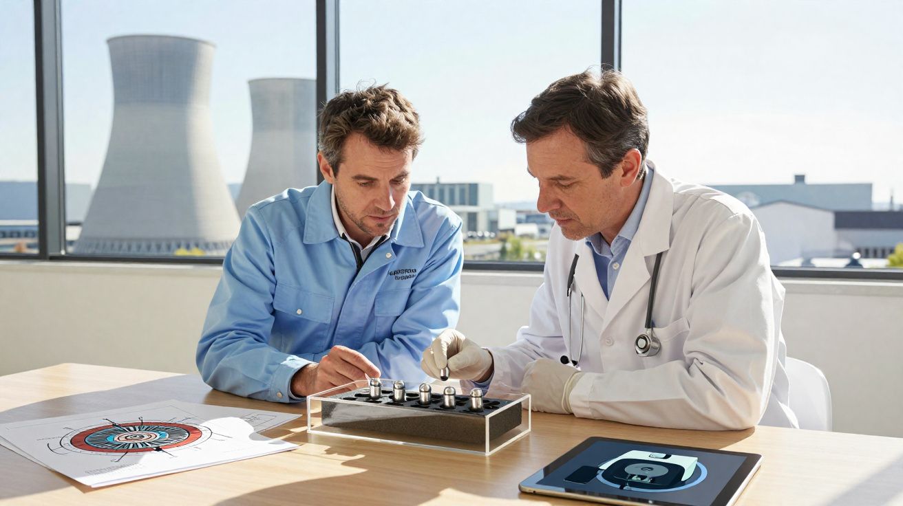 Dois homens em laboratório, um com bata branca e outro com uniforme azul, analisam equipamento tecnológico.